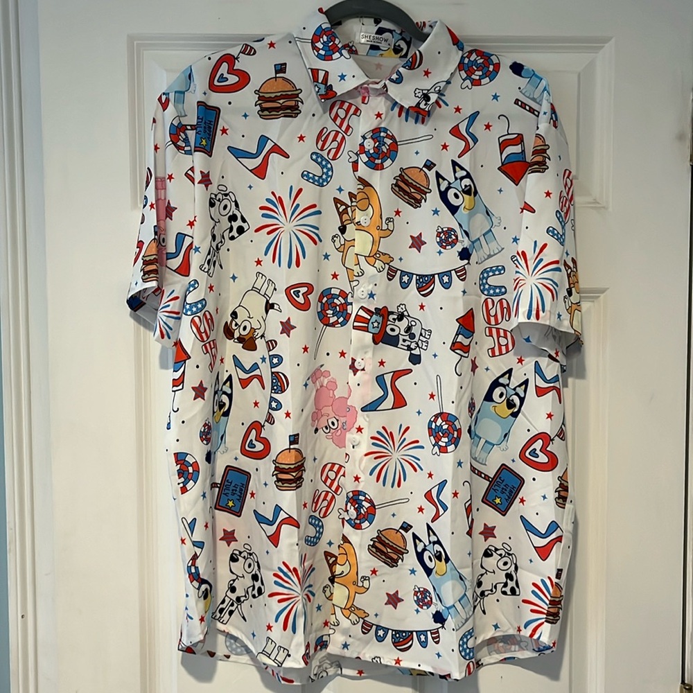 BLUEY! 4th of July fun button down short sleeved shirt.